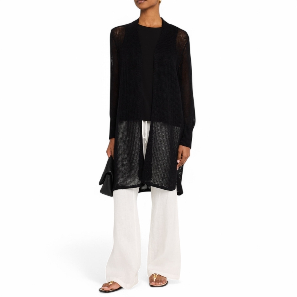 Eileen Fisher Knit Open‎ Front Long Black Cardigan Net Sweater Women's XL